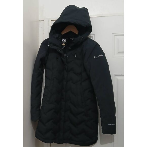 Columbia womens small long black duck down puffer quilted jacket coat - Picture 1 of 8
